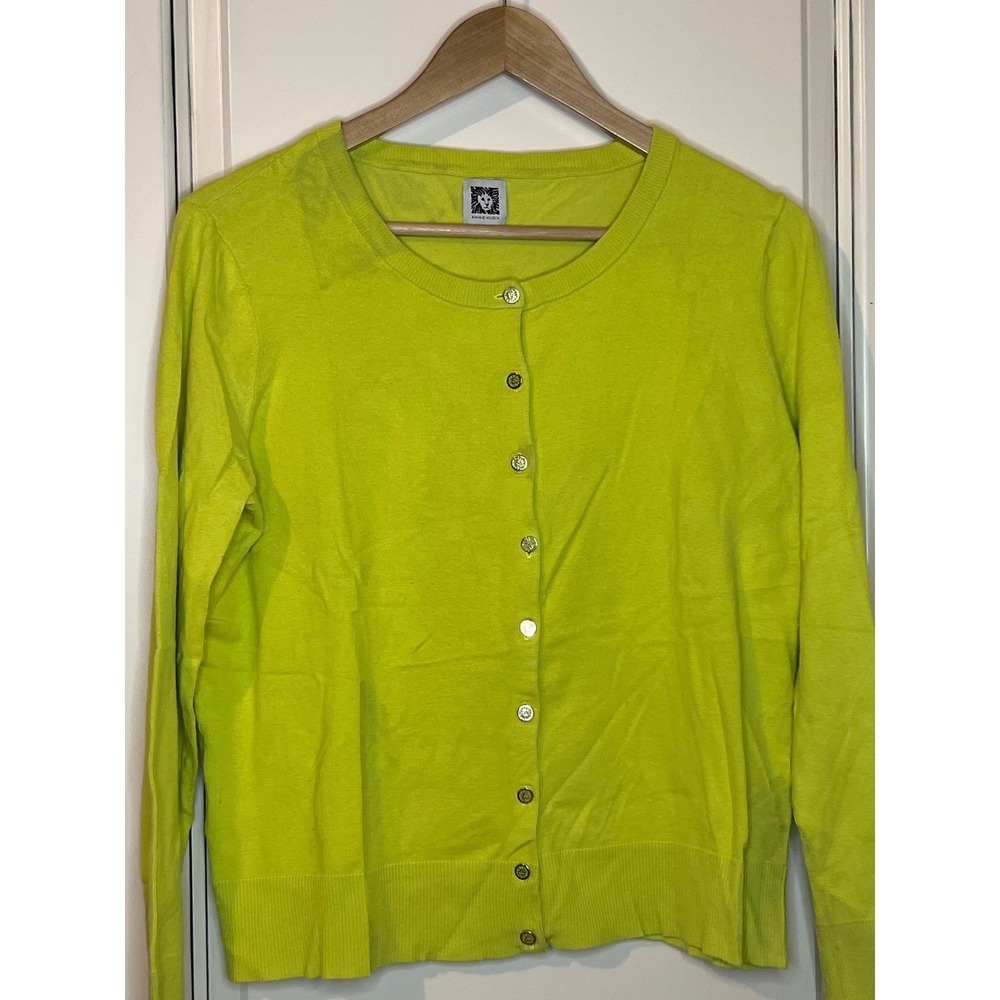 Anne Klein Lime Green Button Front Cardigan Sweater XL Lion Head Buttons Cotton
